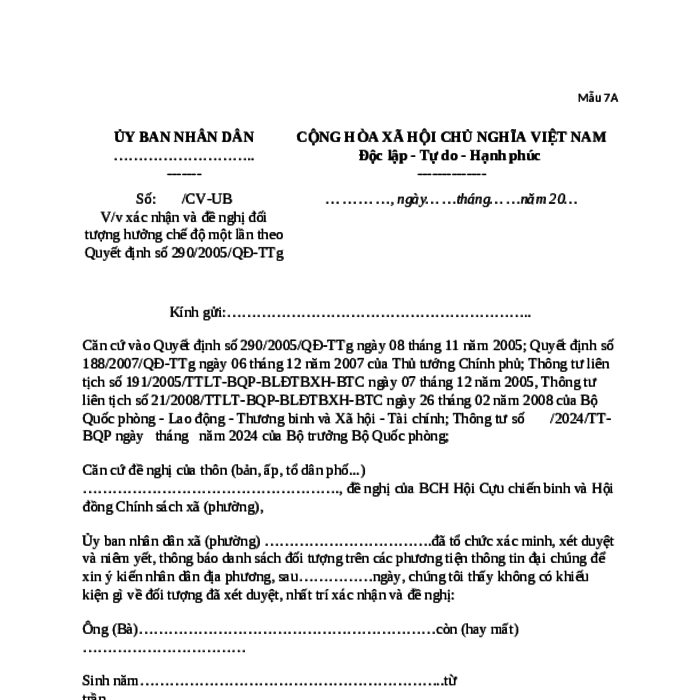 MẪU CÔNG VĂN VỀ VIỆC XÁC NHẬN VÀ ĐỀ NGHỊ ĐỐI TƯỢNG HƯỞNG CHẾ ĐỘ TRỢ CẤP MỘT LẦN THEO QUYẾT ĐỊNH SỐ 290/2005-QĐ-TTG