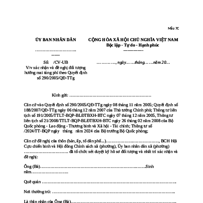 MẪU CÔNG VĂN VỀ VIỆC XÁC NHẬN VÀ ĐỀ NGHỊ ĐỐI TƯỢNG HƯỞNG MAI TÁNG PHÍ THEO QUYẾT ĐỊNH SỐ 290/2005-QĐ-TTG