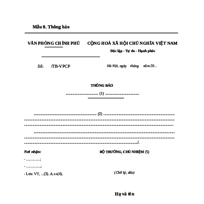 MẪU THÔNG BÁO CỦA VĂN PHÒNG CHÍNH PHỦ