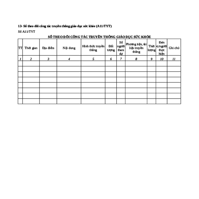 MẪU SỔ THEO DÕI CÔNG TÁC TRUYỀN THÔNG GIÁO DỤC SỨC KHỎE