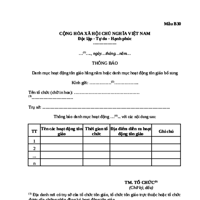 MẪU THÔNG BÁO DANH MỤC HOẠT ĐỘNG TÔN GIÁO HẰNG NĂM HOẶC DANH MỤC HOẠT ĐỘNG TÔN GIÁO BỔ SUNG
