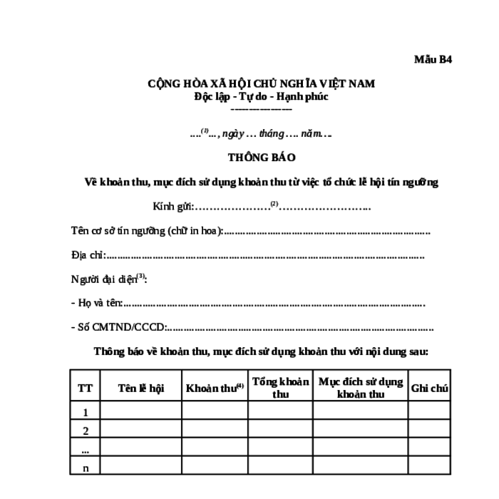MẪU THÔNG BÁO VỀ KHOẢN THU, MỤC ĐÍCH SỬ DỤNG KHOẢN THU TỪ VIỆC TỔ CHỨC LỄ HỘI TÍN NGƯỠNG