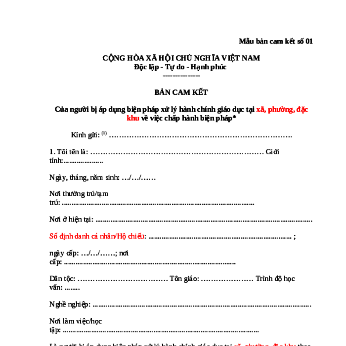 MẪU BẢN CAM KẾT CỦA NGƯỜI BỊ ÁP DỤNG BIỆN PHÁP XỬ LÝ HÀNH CHÍNH GIÁO DỤC TẠI XÃ, PHƯỜNG, ĐẶC KHU VỀ VIỆC CHẤP HÀNH BIỆN PHÁP