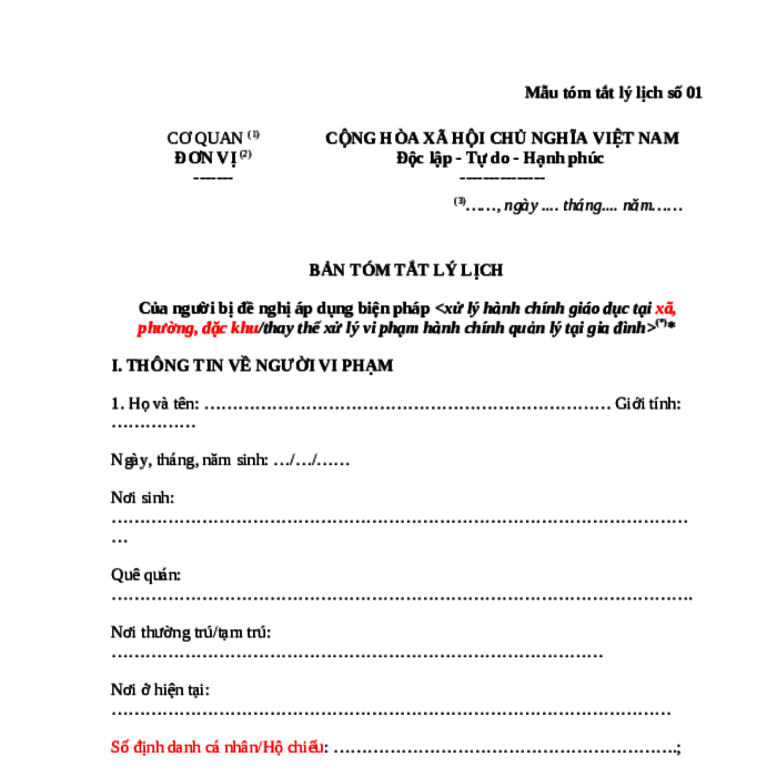 MẪU BẢN TÓM TẮT LÝ LỊCH CỦA NGƯỜI BỊ ĐỀ NGHỊ ÁP DỤNG BIỆN PHÁP XỬ LÝ HÀNH CHÍNH GIÁO DỤC TẠI XÃ, PHƯỜNG, ĐẶC KHU/THAY THẾ XỬ LÝ VI PHẠM HÀNH CHÍNH QUẢN LÝ TẠI GIA ĐÌNH