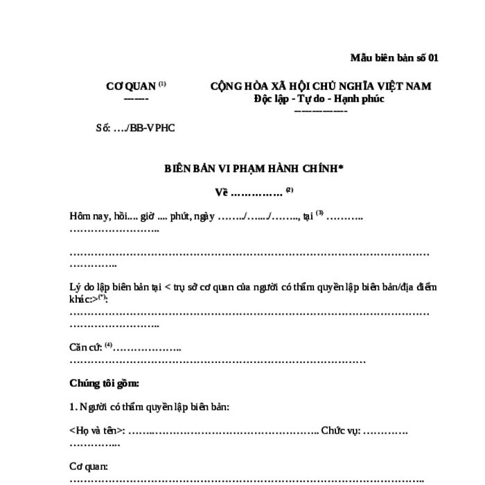 MẪU BIÊN BẢN VI PHẠM HÀNH CHÍNH