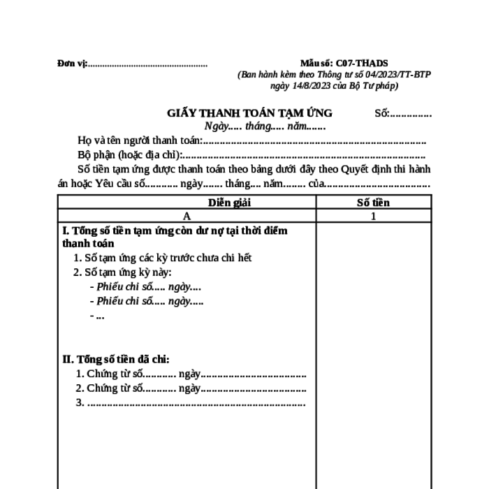 MẪU GIẤY THANH TOÁN TẠM ỨNG TIỀN TRONG THI HÀNH ÁN DÂN SỰ
