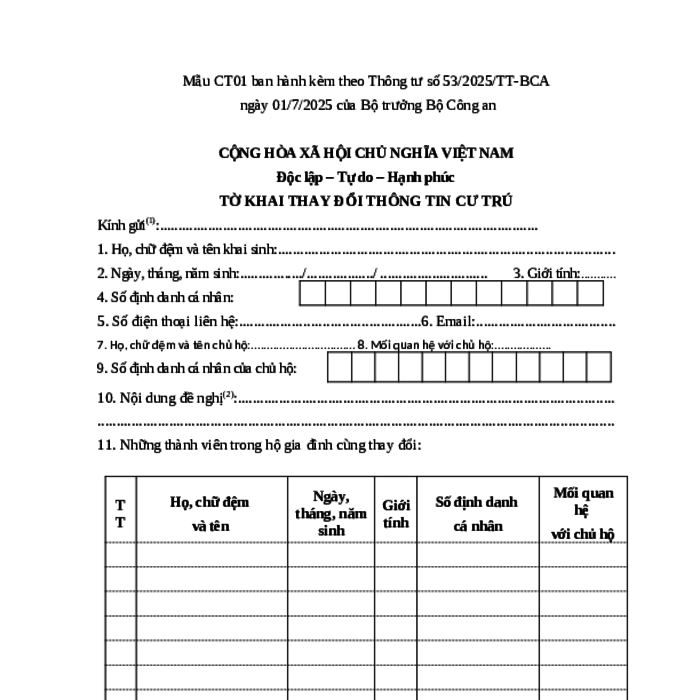 MẪU TỜ KHAI THAY ĐỔI THÔNG TIN CƯ TRÚ