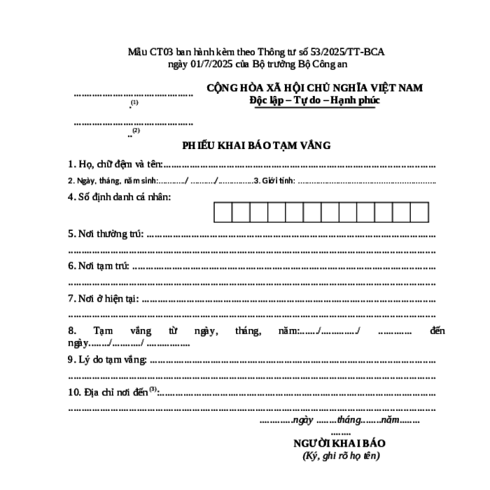 MẪU PHIẾU KHAI BÁO TẠM VẮNG