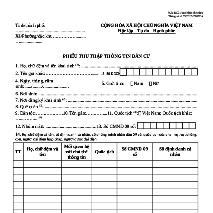 MẪU PHIẾU THU THẬP THÔNG TIN DÂN CƯ