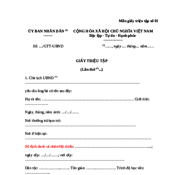 MẪU GIẤY TRIỆU TẬP ĐỐI VỚI NGƯỜI ĐANG CHẤP HÀNH BIỆN PHÁP XỬ LÝ HÀNH CHÍNH GIÁO DỤC TẠI XÃ, PHƯỜNG, ĐẶC KHU