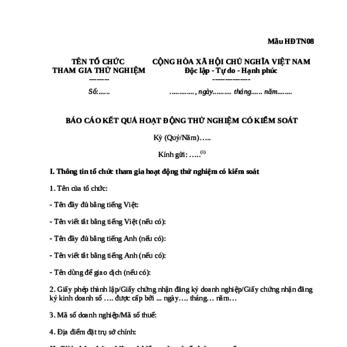 MẪU BÁO CÁO KẾT QUẢ HOẠT ĐỘNG THỬ NGHIỆM CÓ KIỂM SOÁT DÀNH CHO TỔ CHỨC