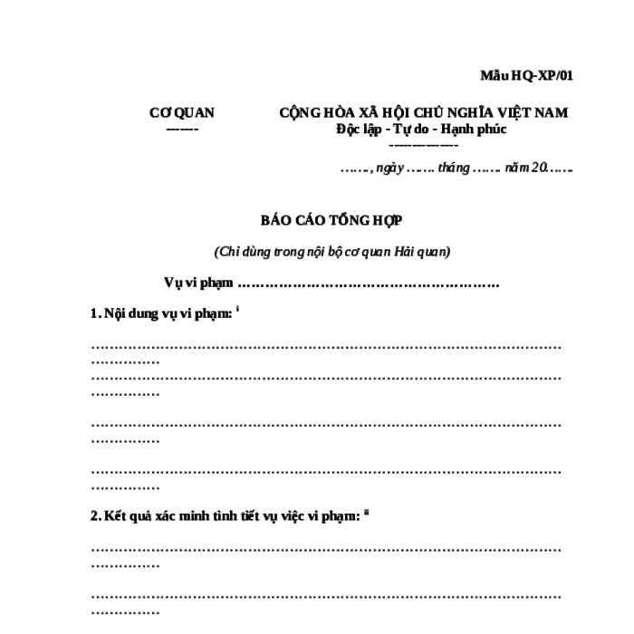 MẪU BÁO CÁO TỔNG HỢP VỀ XỬ PHẠT VI PHẠM HÀNH CHÍNH (CHỈ DÙNG TRONG NỘI BỘ CƠ QUAN HẢI QUAN)