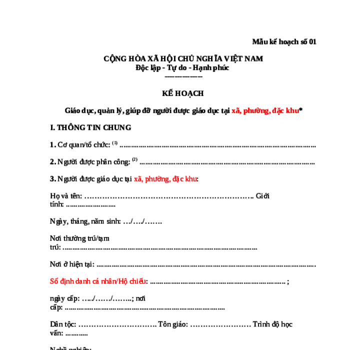 MẪU KẾ HOẠCH GIÁO DỤC, QUẢN LÝ, GIÚP ĐỠ NGƯỜI ĐƯỢC GIÁO DỤC TẠI XÃ, PHƯỜNG, ĐẶC KHU