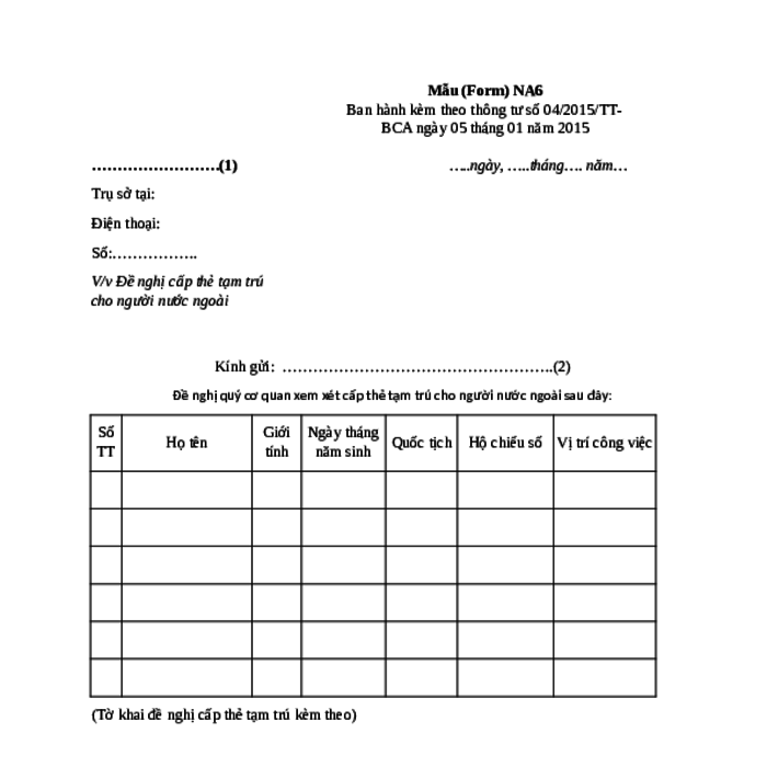 MẪU CÔNG VĂN ĐỀ NGHỊ CẤP THẺ TẠM TRÚ CHO NGƯỜI NƯỚC NGOÀI