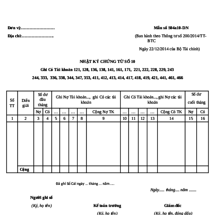 MẪU NHẬT KÝ CHỨNG TỪ SỐ 10 (GHI CÓ TÀI KHOẢN 121, 128, 136, 138, 141, 161, 171,  221, 222, 228, 229, 243  244, 333,  336, 338, 344, 347, 353, 411, 412, 413, 414, 417, 418, 419, 421, 441, 461, 466)