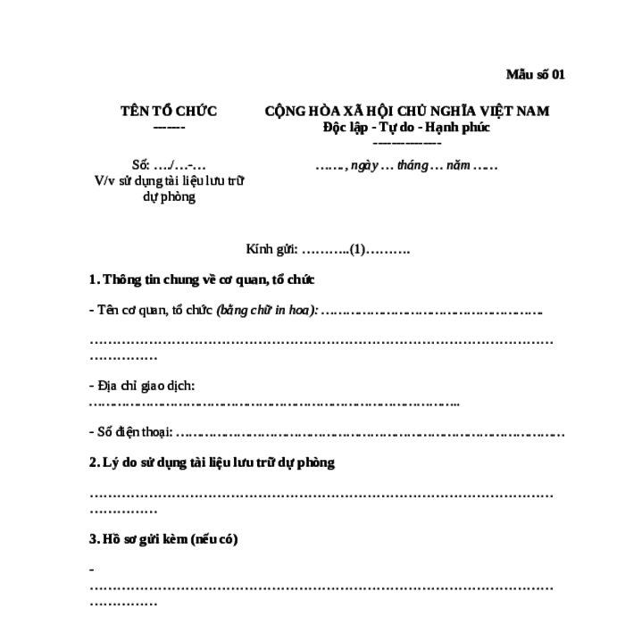 MẪU CÔNG VĂN SỬ DỤNG TÀI LIỆU LƯU TRỮ DỰ PHÒNG