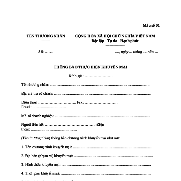 MẪU THÔNG BÁO THỰC HIỆN KHUYẾN MẠI