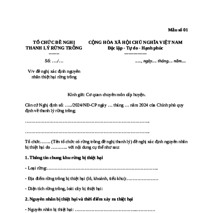 MẪU CÔNG VĂN VỀ VIỆC ĐỀ NGHỊ XÁC ĐỊNH NGUYÊN NHÂN THIỆT HẠI RỪNG TRỒNG