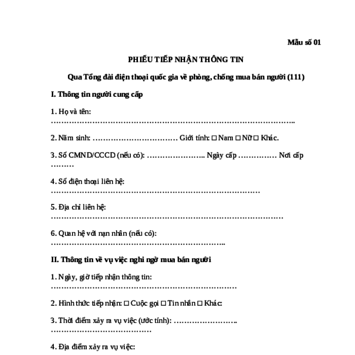 MẪU PHIẾU TIẾP NHẬN THÔNG TIN QUA TỔNG ĐÀI ĐIỆN THOẠI QUỐC GIA VỀ PHÒNG, CHỐNG MUA BÁN NGƯỜI (111)
