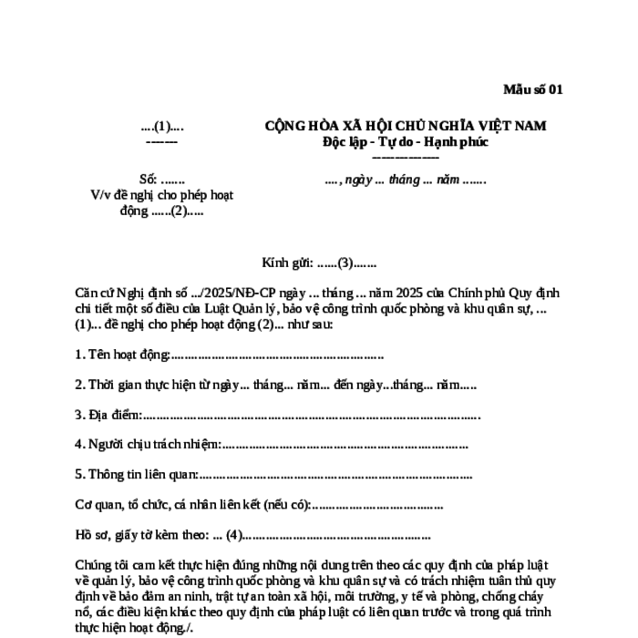 MẪU CÔNG VĂN VỀ VIỆC ĐỀ NGHỊ CHO PHÉP HOẠT ĐỘNG TRONG PHẠM VI BẢO VỆ CÔNG TRÌNH QUỐC PHÒNG VÀ KHU QUÂN SỰ