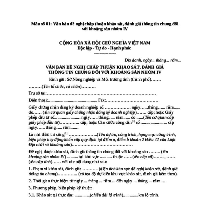 MẪU VĂN BẢN ĐỀ NGHỊ CHẤP THUẬN KHẢO SÁT, ĐÁNH GIÁ THÔNG TIN CHUNG ĐỐI VỚI KHOÁNG SẢN NHÓM IV