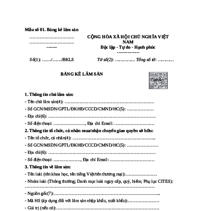 MẪU BẢNG KÊ LÂM SẢN
