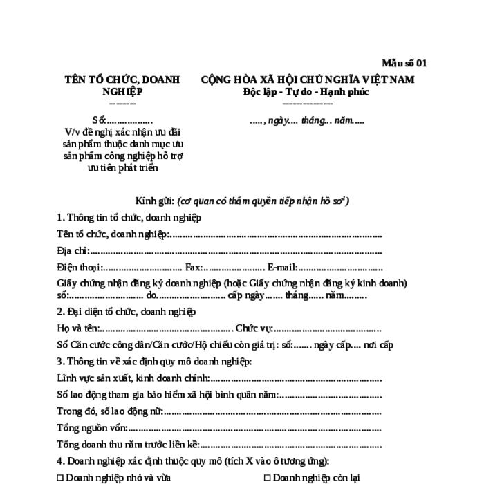 MẪU CÔNG VĂN VỀ VIỆC ĐỀ NGHỊ XÁC NHẬN ƯU ĐÃI SẢN PHẨM THUỘC DANH MỤC SẢN PHẨM CÔNG NGHIỆP HỖ TRỢ ƯU TIÊN PHÁT TRIỂN