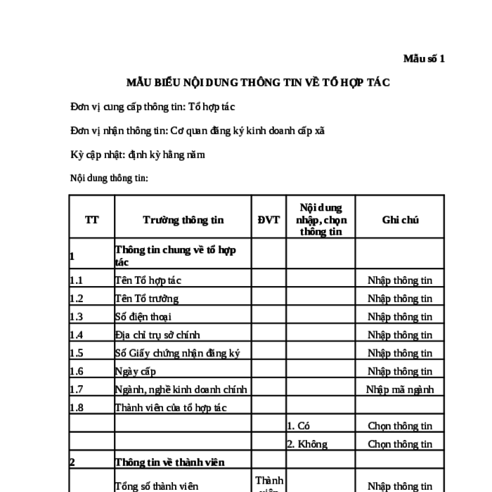 MẪU BIỂU NỘI DUNG THÔNG TIN VỀ TỔ HỢP TÁC