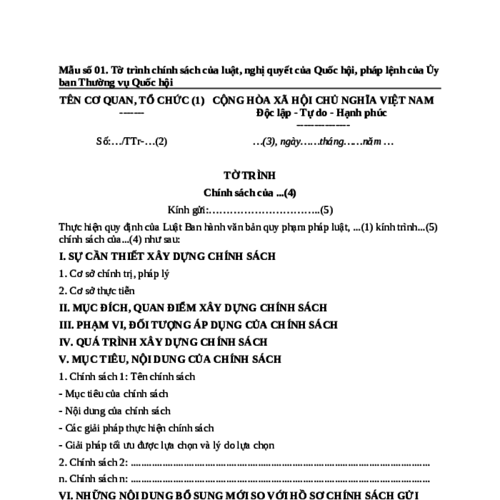MẪU TỜ TRÌNH CHÍNH SÁCH CỦA LUẬT, NGHỊ QUYẾT CỦA QUỐC HỘI, PHÁP LỆNH CỦA ỦY BAN THƯỜNG VỤ QUỐC HỘI