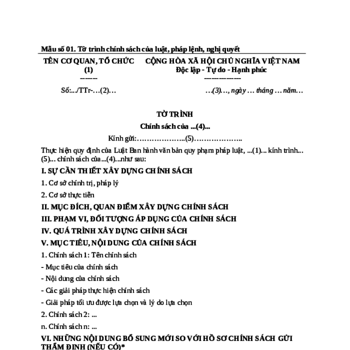 MẪU TỜ TRÌNH CHÍNH SÁCH CỦA LUẬT, PHÁP LỆNH, NGHỊ QUYẾT