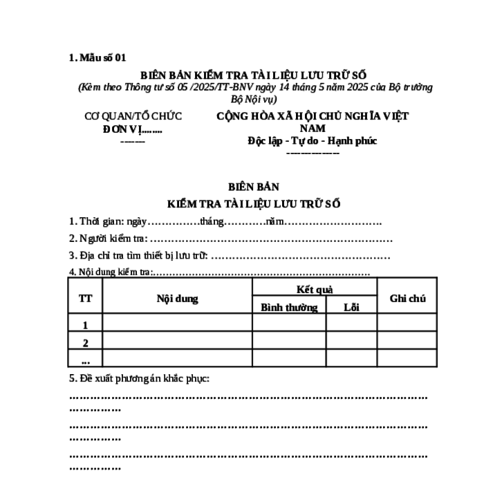 MẪU BIÊN BẢN KIỂM TRA TÀI LIỆU LƯU TRỮ SỐ DO BỘ NỘI VỤ BAN HÀNH