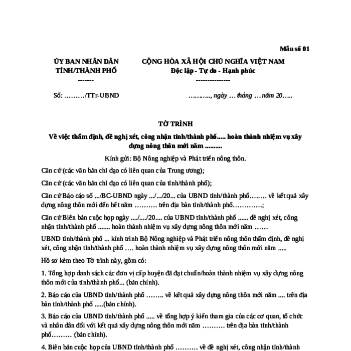 MẪU TỜ TRÌNH VỀ VIỆC THẨM ĐỊNH, ĐỀ NGHỊ XÉT, CÔNG NHẬN TỈNH/THÀNH PHỐ ... HOÀN THÀNH NHIỆM VỤ XÂY DỰNG NÔNG THÔN MỚI NĂM ...