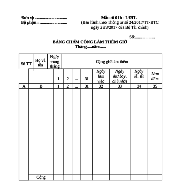 MẪU BẢNG CHẤM CÔNG LÀM THÊM GIỜ (ÁP DỤNG ĐỐI VỚI CHẾ ĐỘ KẾ TOÁN HỢP TÁC XÃ, LIÊN HIỆP HỢP TÁC XÃ)
