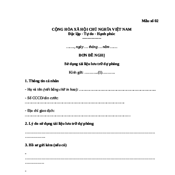 MẪU ĐƠN ĐỀ NGHỊ SỬ DỤNG TÀI LIỆU LƯU TRỮ DỰ PHÒNG