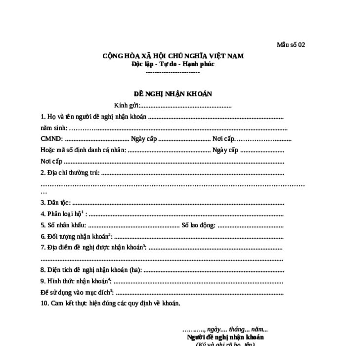 MẪU ĐỀ NGHỊ NHẬN KHOÁN (CÁ NHÂN, HỘ GIA ĐÌNH)