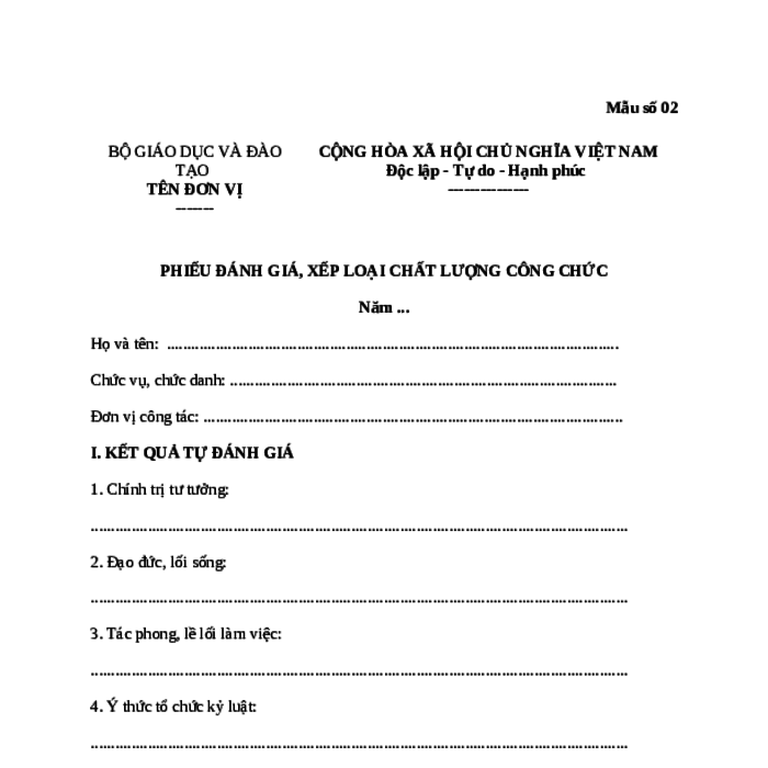 MẪU PHIẾU ĐÁNH GIÁ, XẾP LOẠI CHẤT LƯỢNG CÔNG CHỨC CỦA BỘ GIÁO DỤC VÀ ĐÀO TẠO