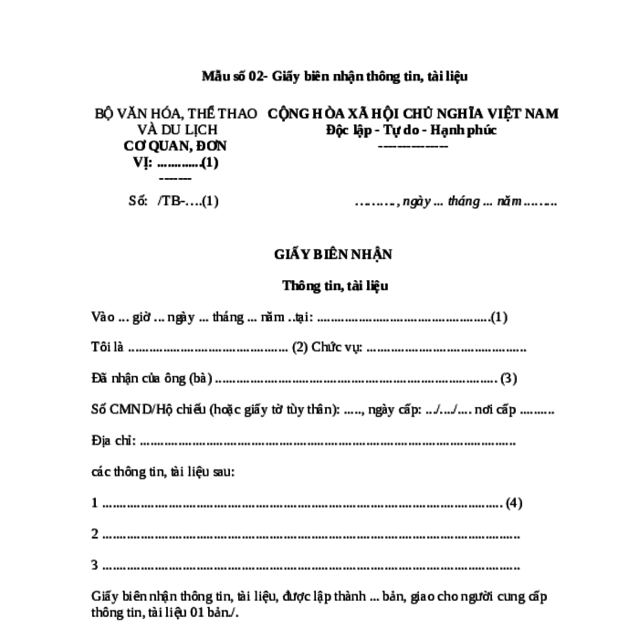 MẪU GIẤY BIÊN NHẬN THÔNG TIN, TÀI LIỆU CỦA BỘ VĂN HÓA, THỂ THAO VÀ DU LỊCH