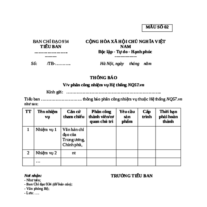 MẪU THÔNG BÁO PHÂN CÔNG NHIỆM VỤ HỆ THỐNG NQ57.VN CỦA BỘ VĂN HÓA, THỂ THAO VÀ DU LỊCH