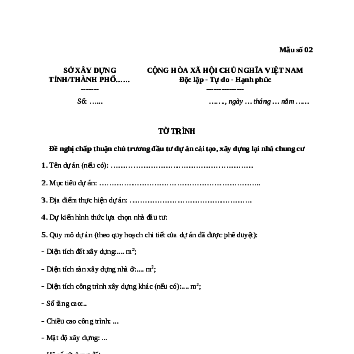 MẪU TỜ TRÌNH ĐỀ NGHỊ CHẤP THUẬN CHỦ TRƯƠNG ĐẦU TƯ DỰ ÁN CẢI TẠO, XÂY DỰNG LẠI NHÀ CHUNG CƯ (DO CƠ QUAN QUẢN LÝ NHÀ Ở ĐỀ XUẤT)