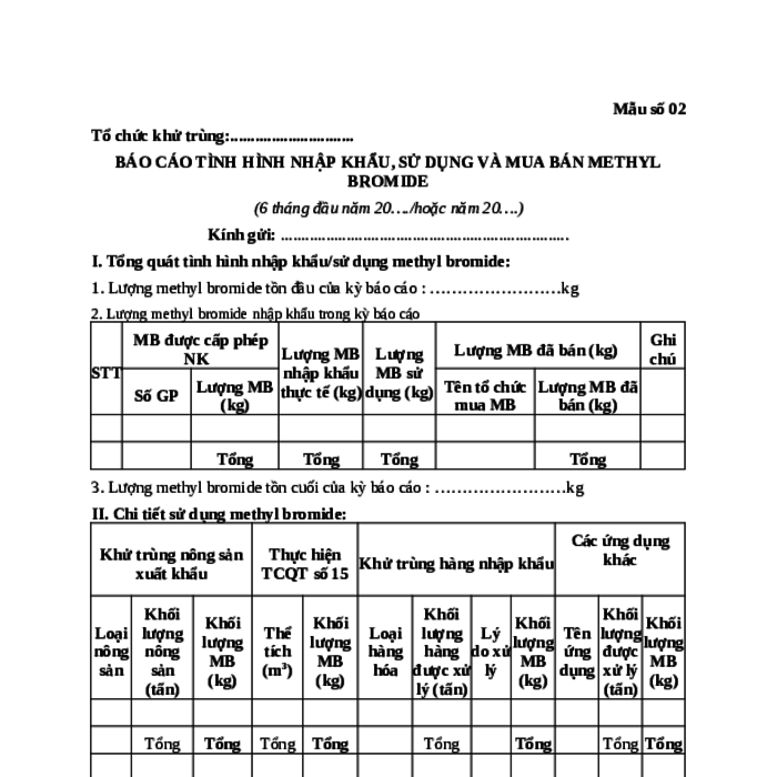 MẪU BÁO CÁO TÌNH HÌNH NHẬP KHẨU, SỬ DỤNG VÀ MUA BÁN METHYL BROMIDE
