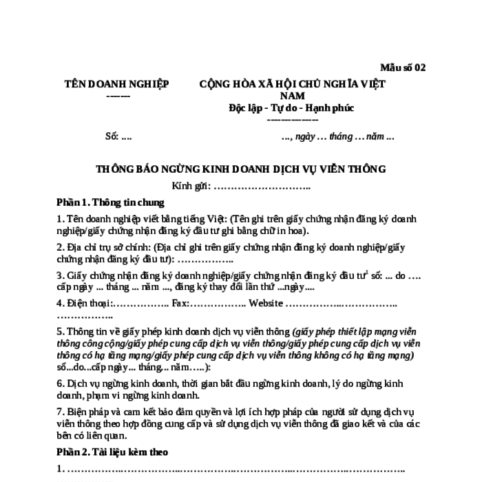 MẪU THÔNG BÁO NGỪNG KINH DOANH DỊCH VỤ VIỄN THÔNG