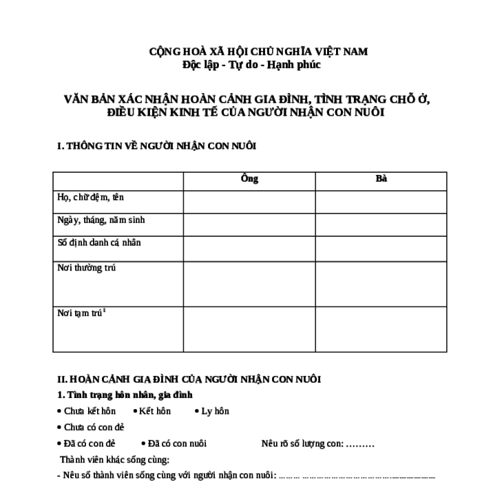 MẪU VĂN BẢN XÁC NHẬN HOÀN CẢNH GIA ĐÌNH, TÌNH TRẠNG CHỖ Ở, ĐIỀU KIỆN KINH TẾ CỦA NGƯỜI NHẬN CON NUÔI
