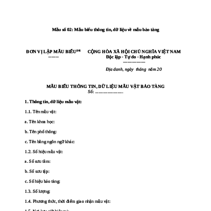 MẪU BIỂU THÔNG TIN, DỮ LIỆU MẪU VẬT BẢO TÀNG