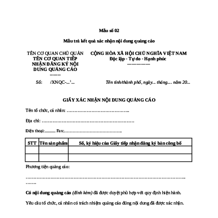 MẪU GIẤY XÁC NHẬN NỘI DUNG QUẢNG CÁO ĐỐI VỚI THỰC PHẨM DINH DƯỠNG Y HỌC, THỰC PHẨM DÙNG CHO CHẾ ĐỘ ĂN ĐẶC BIỆT, SẢN PHẨM DINH DƯỠNG DÙNG CHO TRẺ ĐẾN 36 THÁNG TUỔI