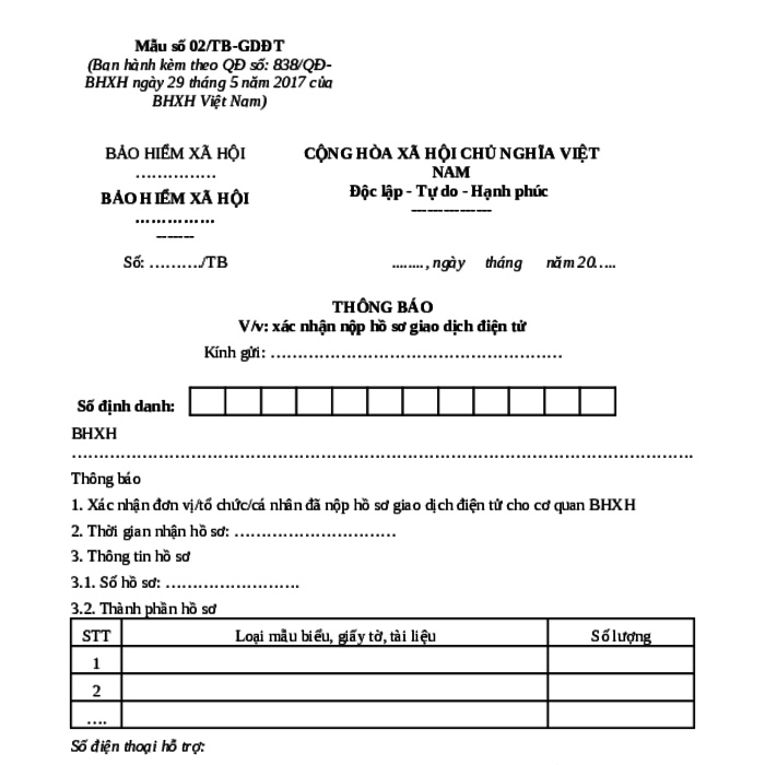 MẪU THÔNG BÁO VỀ VIỆC XÁC NHẬN NỘP HỒ SƠ GIAO DỊCH ĐIỆN TỬ NGÀNH BẢO HIỂM XÃ HỘI