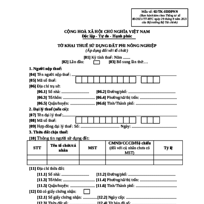 MẪU TỜ KHAI THUẾ SỬ DỤNG ĐẤT PHI NÔNG NGHIỆP (ÁP DỤNG ĐỐI VỚI TỔ CHỨC)