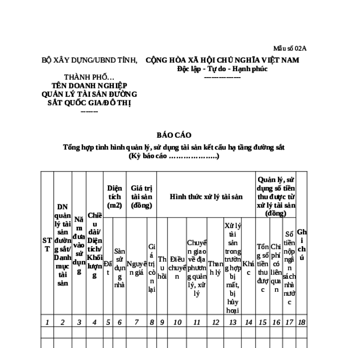 MẪU BÁO CÁO TỔNG HỢP TÌNH HÌNH QUẢN LÝ, SỬ DỤNG TÀI SẢN KẾT CẤU HẠ TẦNG ĐƯỜNG SẮT