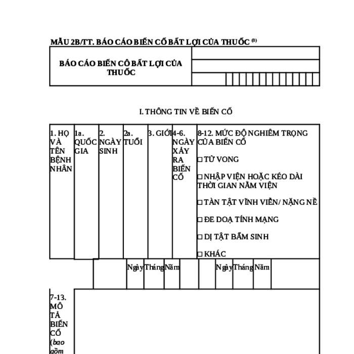 MẪU BÁO CÁO BIẾN CỐ BẤT LỢI CỦA THUỐC