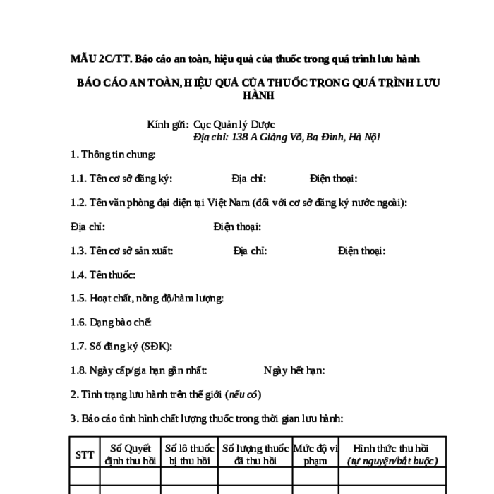 MẪU BÁO CÁO AN TOÀN, HIỆU QUẢ CỦA THUỐC TRONG QUÁ TRÌNH LƯU HÀNH