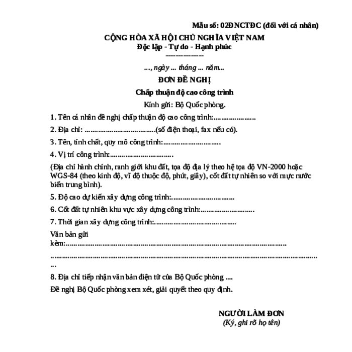 MẪU ĐƠN ĐỀ NGHỊ CHẤP THUẬN ĐỘ CAO CÔNG TRÌNH TRONG LĨNH VỰC PHÒNG KHÔNG (ĐỐI VỚI CÁ NHÂN)